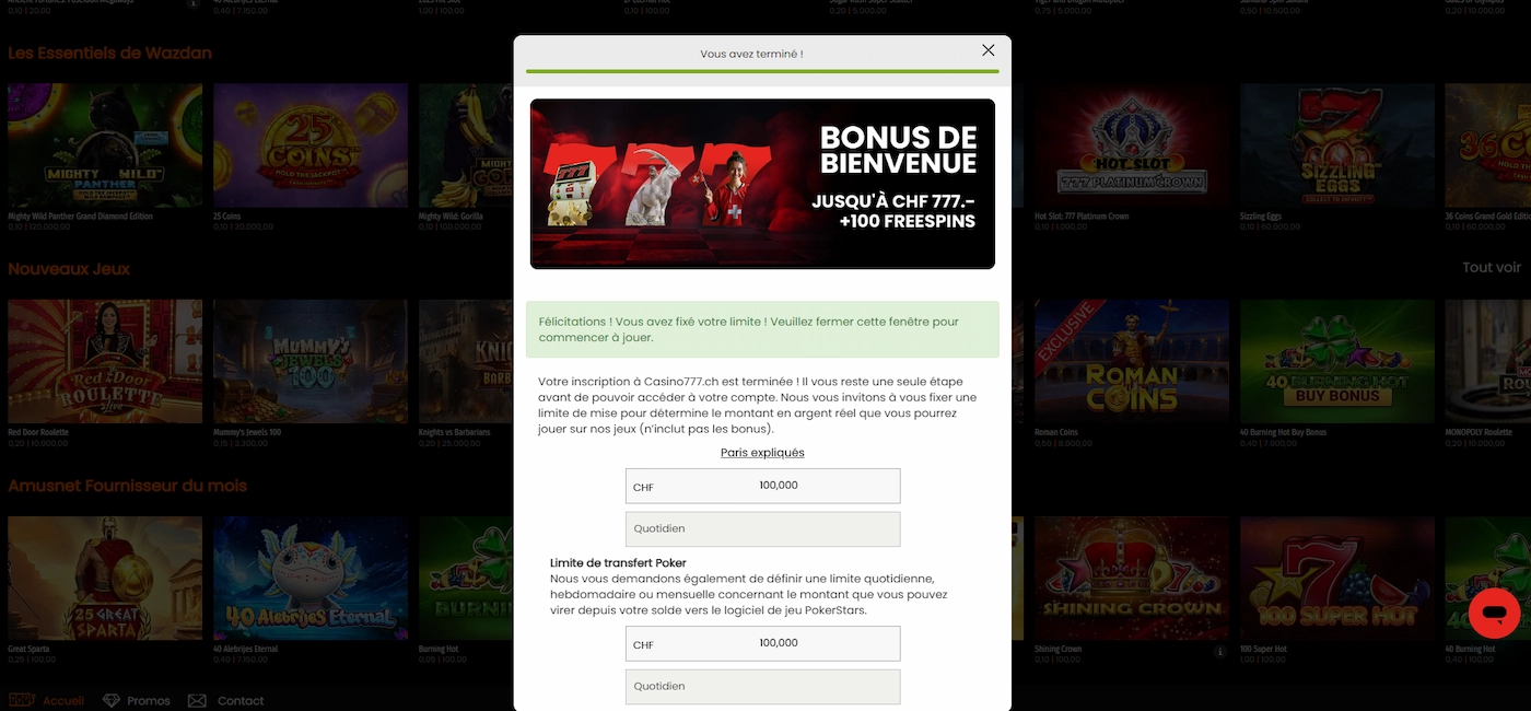 fixation de la limite de dépôt sur casino777.ch